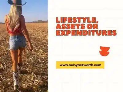 Image featuring Taylor Bressey walking across a serene country field on the left side, symbolizing a relaxed lifestyle. The top right text reads 'Lifestyle, Assets or Expenditures', indicating a focus on her financial status and living conditions. Below this, the website address 'www.noisynetworth.com' is displayed, encouraging viewers to explore more details.