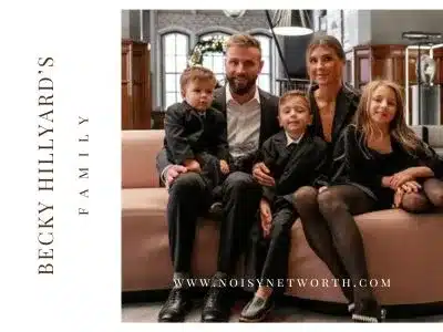 An image of Becky Hillyard sitting with her husband and three children's with overlay text 'www.noisynetworth.com' and on the left horizontally written 'Becky Hillyard's Family'.