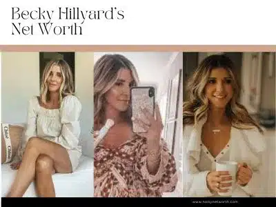 Three close-up images of Becky Hillyard, text on top 'Becky Hillyard's Net Worth', and below 'www.noisynetworth.com'.
